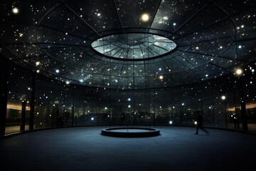 Modern planetarium interior with a mesmerizing starry ceiling and a central platform, creating an immersive cosmic experience