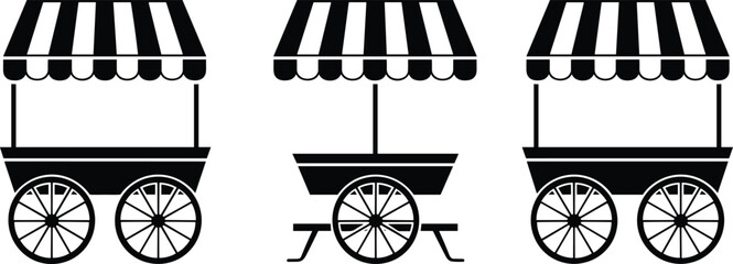 Vintage street food cart silhouettes set isolated black icons for market vendor stall festival fair illustration design vector graphic collection © Ashik Creatives