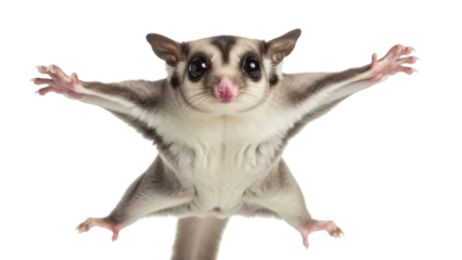 Gliding Sugar Glider marsupial with outstretched arms flying and looking at camera isolated PNG with Transparent Background