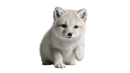 Cute baby white Arctic fox pup raising one paw isolated PNG with Transparent Background