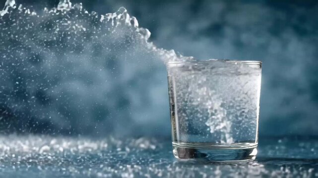 Water splashes from a glass on a surface with blue background at a close distance during daylight hours