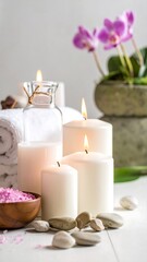 Spa setting with candles, towels, and orchids