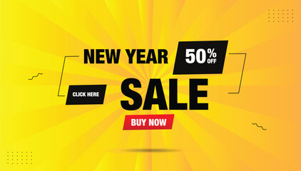 Obraz premium New year sale 50% off click here buy now illustration vector art eps format template design white bold red black shapes with yellow orange gradient hot abstract background