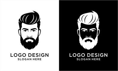 Stylish bearded mans face logo design for barbershop or grooming brand.