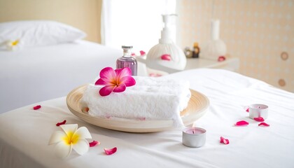 Spa treatment table, delicate flowers and candles