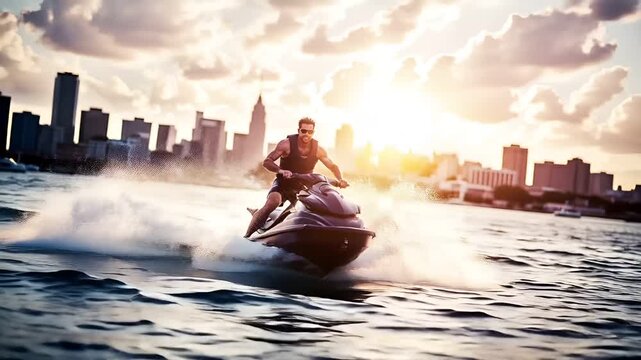 A vivid, actionpacked scene featuring a man riding a jet ski on a body of water during sunset. The man is captured in a dynamic pose, with his body leaning forward and arms outstretched.