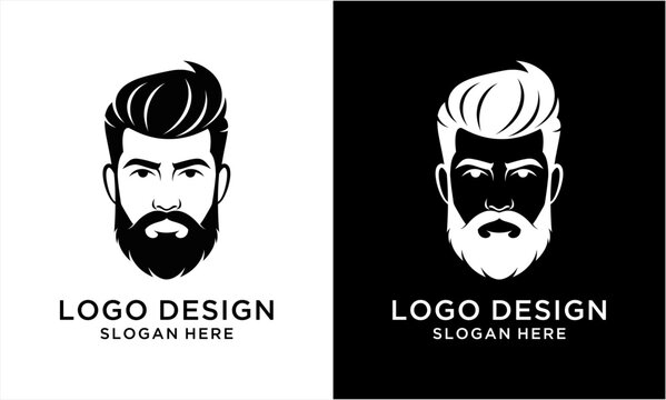 Stylish bearded mans face logo design for barbershop or grooming brand.