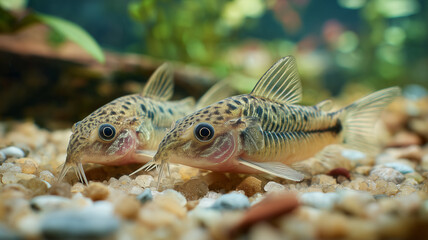 Fototapeta premium A calm scene of a home aquarium featuring peaceful corydoras catfish resting on fine sand substrate, clear water and soft indoor lighting
