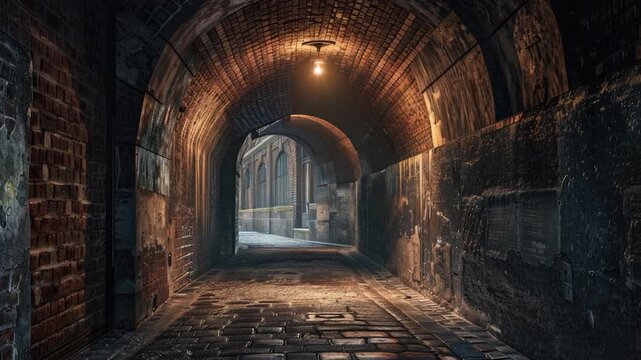 Video A long brick tunnel with a single light source at the end, ideal for use in architectural or infrastructure s