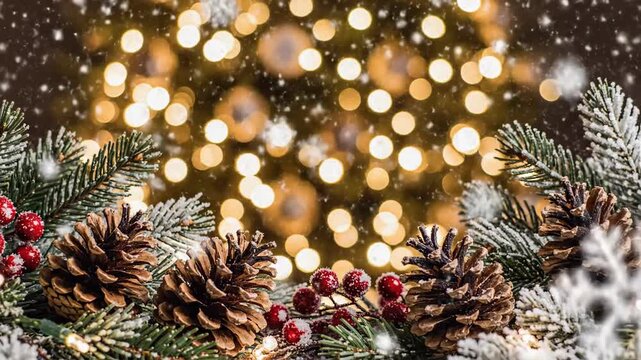Christmas tree decorations with pine cones and festive bokeh lights