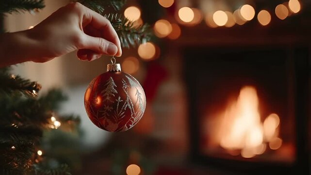 Winter holiday celebration concept. Christmas New Year. A closeup image of a hand placing a Christmas ornament onto a Christmas tree. The tree is adorned with twinkling lights.
