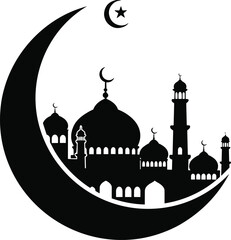 Islamic mosque silhouette with crescent moon and star, elegant Ramadan and Eid symbol isolated on white background
