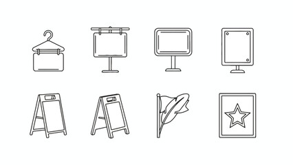 Collection of various advertising signage and display icons for marketing and promotion