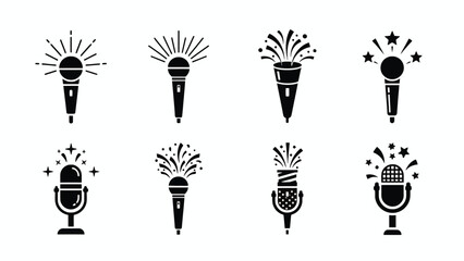 Stylized vector microphone icons set with vibrant starbursts, festive confetti, and glowing light effects, ideal for music, entertainment, and celebratory event designs