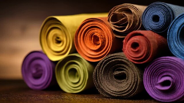 Rolls of colorful fabric arranged neatly on a wooden surface in a craft workshop during daylight hours