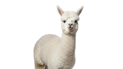 Cute white baby alpaca portrait with tongue sticking out, isolated PNG with Transparent Background
