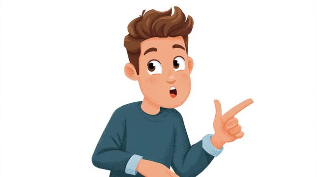 Cartoon avatar performing a looping gesture, pointing up and then to the side, clearly highlighting call-to-action zones, ideal for UI, ads, onboarding and marketing prompts.
