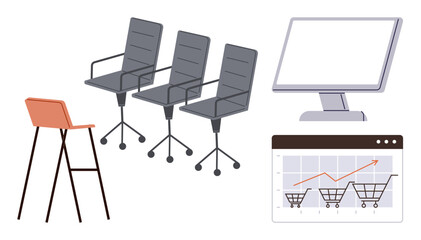 Office chairs, stool with slim legs, computer screen, and graph with shopping carts highlight e-commerce trends and business growth. Ideal for business, tech, office setups, e-commerce, analysis