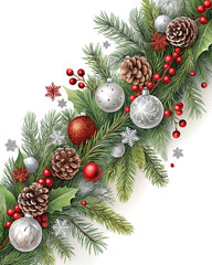 Christmas border, extra wide. Extra wide Christmas border with fir branches, red and silver baubles, pine cones and other ornaments, isolated on white
