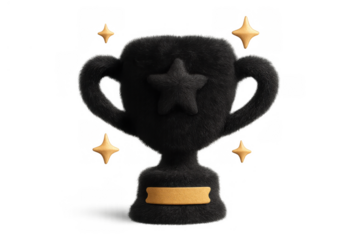 Fuzzy black trophy for competition winner, signifying championship, triumph, achievement, and excellent success with star
