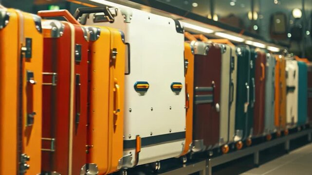 Video Row of luggage stacked on a metal rack, perfect for travel or storage