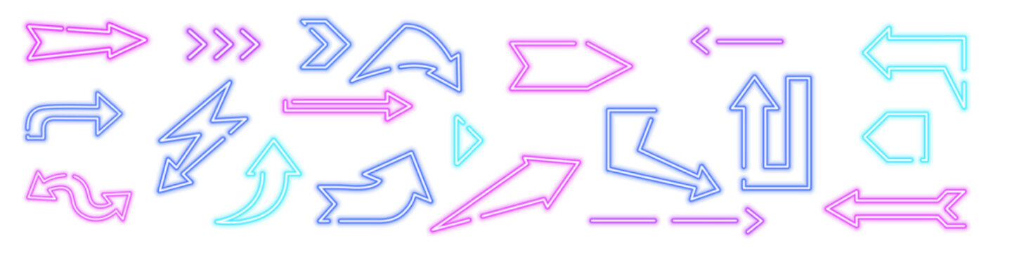 A vibrant collection of glowing neon arrows in diverse shapes, perfect for enhancing creative design projects.