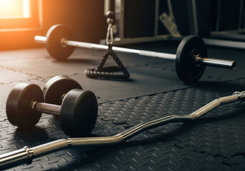 Gym Floor Still Life – Black Dumbbells, Chrome EZ Curl Bar on Rubber Mats with Cinematic Lighting.