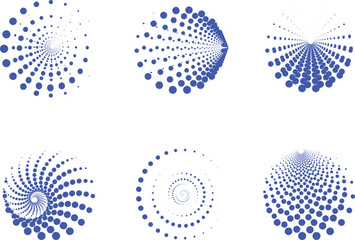Abstract blue halftone dot spiral and perspective radial patterns set