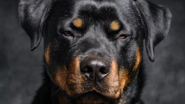Rottweiler looks into the camera in a studio setting during the day with a dark background that highlights its features and expressions