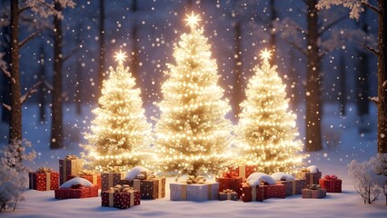 Three Decorated Christmas Trees with Gifts on White Background