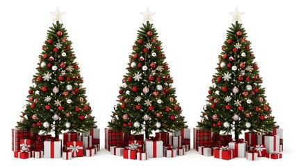 Three Decorated Christmas Trees with Gifts on White Background