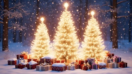 Three Decorated Christmas Trees with Gifts on White Background