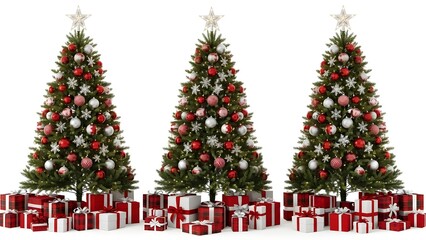 Three Decorated Christmas Trees with Gifts on White Background