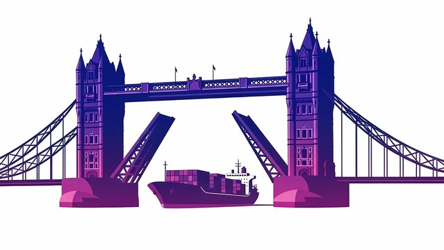 A stylized illustration of tower bridge in london opening to let a container ship pass through