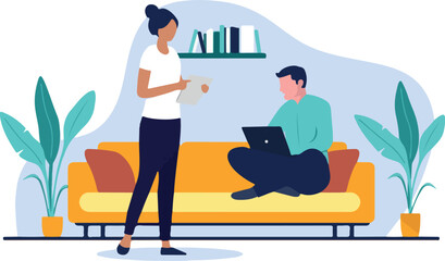 Couple using digital devices at home, showcasing personal productivity, online learning, or casual browsing in a comfortable living room setting. Flat design vector illustration