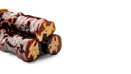 Walnut sausage dessert made with grape molasses and walnuts. Walnut sausage on white background