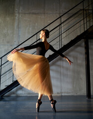 Danseuse classique au juste &agrave; corps noir et tutu de tulle mordor&eacute; dans un cadre minimaliste contemporain de style industriel. Generated Image.