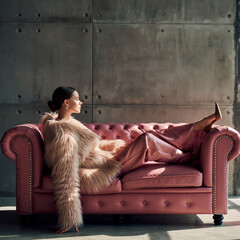 Photographie de mode. Jeune femme allong&eacute;e sur un canap&eacute; en cuir rose dans un d&eacute;cor minimaliste avec mur de b&eacute;ton.. Generated Image. 