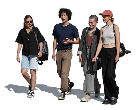 Group of friends walking together in the street in summer isolated on white and transparent background