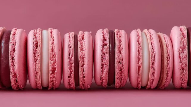 Delicious macaron lineup in different shades on a pink background ready for tasting at a dessert event or bakery showcase