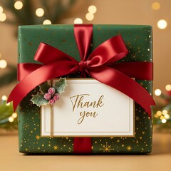 Elegant Christmas gift box with ribbon, thank you card, garland and winter decor in the background, perfect for advertising, branding and seasonal marketing projects.