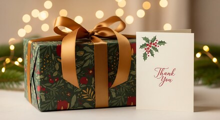 Elegant Christmas gift box with ribbon, thank you card, garland and winter decor in the background, perfect for advertising, branding and seasonal marketing projects.