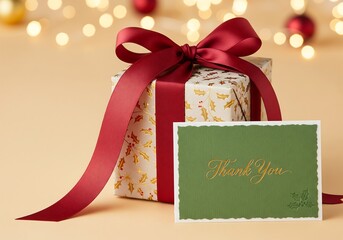 Elegant Christmas gift box with ribbon, thank you card, garland and winter decor in the background, perfect for advertising, branding and seasonal marketing projects.