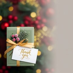 Elegant Christmas gift box with ribbon, thank you card, garland and winter decor in the background, perfect for advertising, branding and seasonal marketing projects.