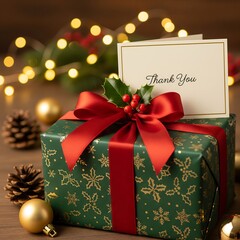 Elegant Christmas gift box with ribbon, thank you card, garland and winter decor in the background, perfect for advertising, branding and seasonal marketing projects.