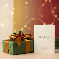 Elegant Christmas gift box with ribbon, thank you card, garland and winter decor in the background, perfect for advertising, branding and seasonal marketing projects.