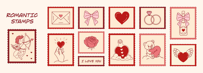 Valentine's Day hand-drawn love post stamps in doodle sketch style, romantic postal elements. A cute, creative, vector set for postcards, mail art, letters,and festive scrapbook designs. Heart symbols