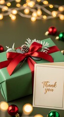 Elegant Christmas gift box with ribbon, thank you card, garland and winter decor in the background, perfect for advertising, branding and seasonal marketing projects.