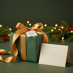 Elegant Christmas gift box with ribbon, thank you card, garland and winter decor in the background, perfect for advertising, branding and seasonal marketing projects.