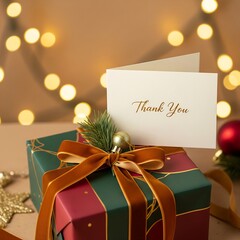 Elegant Christmas gift box with ribbon, thank you card, garland and winter decor in the background, perfect for advertising, branding and seasonal marketing projects.